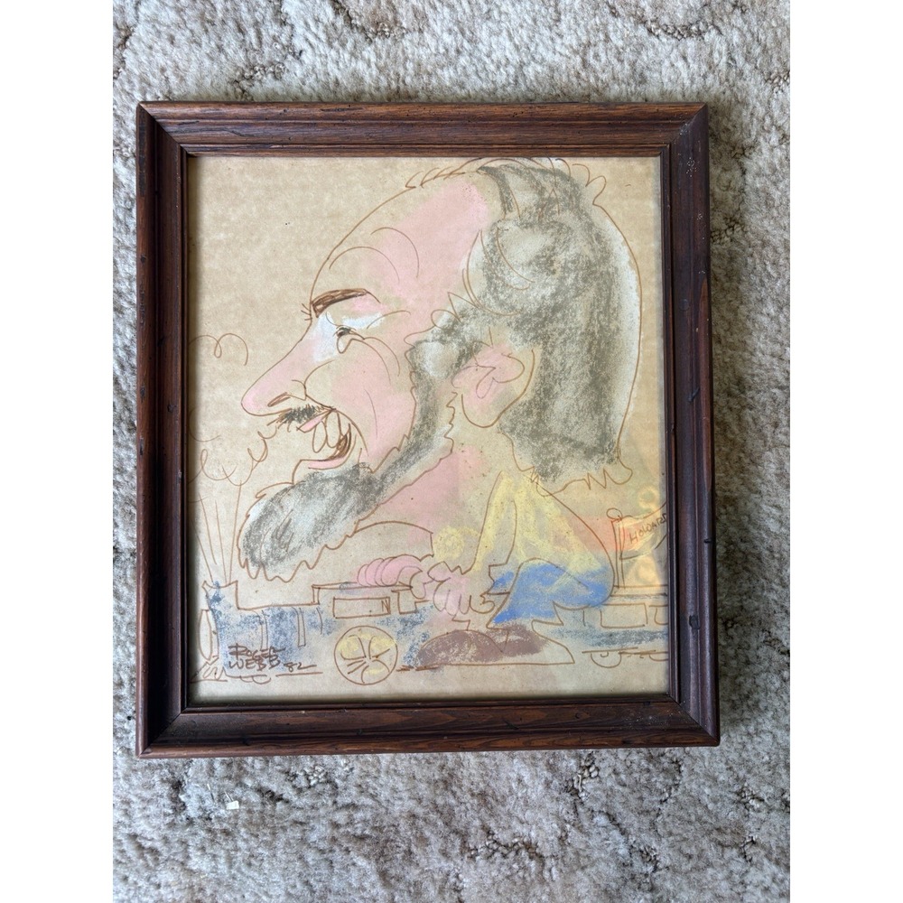 Vintage 1982 Train Locomotive Caricature Art Framed Signed Roger Webb Howard